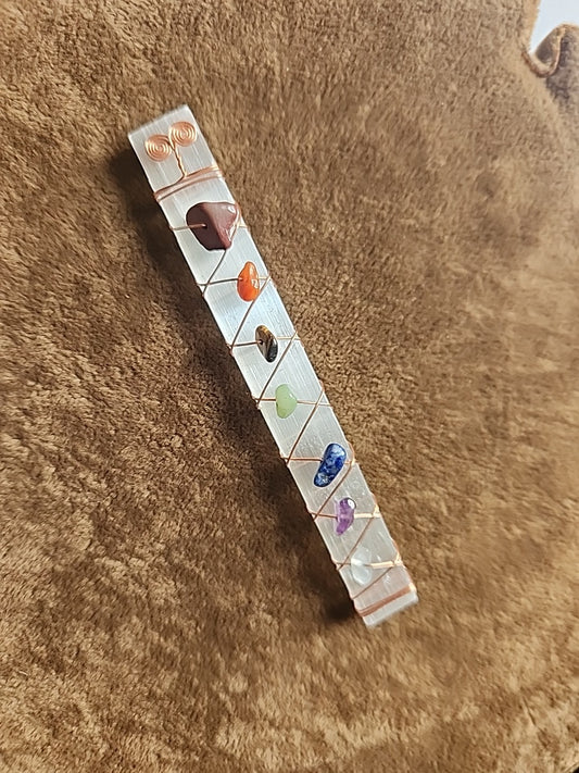 7 Chakra Stones Wrapped On To White  Selenite Wand 4” H