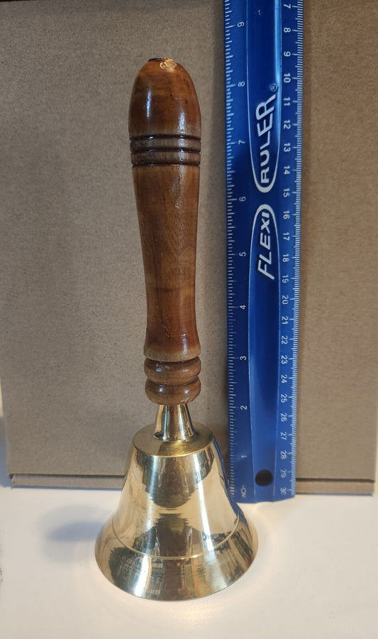Brass Bell With Wood Handle.   8 Inches Tall   3 Inches Wide Bell.